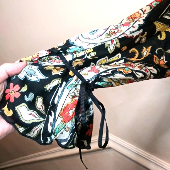 Zara Black, Rust, Ivory & Turquoise Boho Paisley Floral Cropped Gauzy Blouse - Picture 7 of 12
